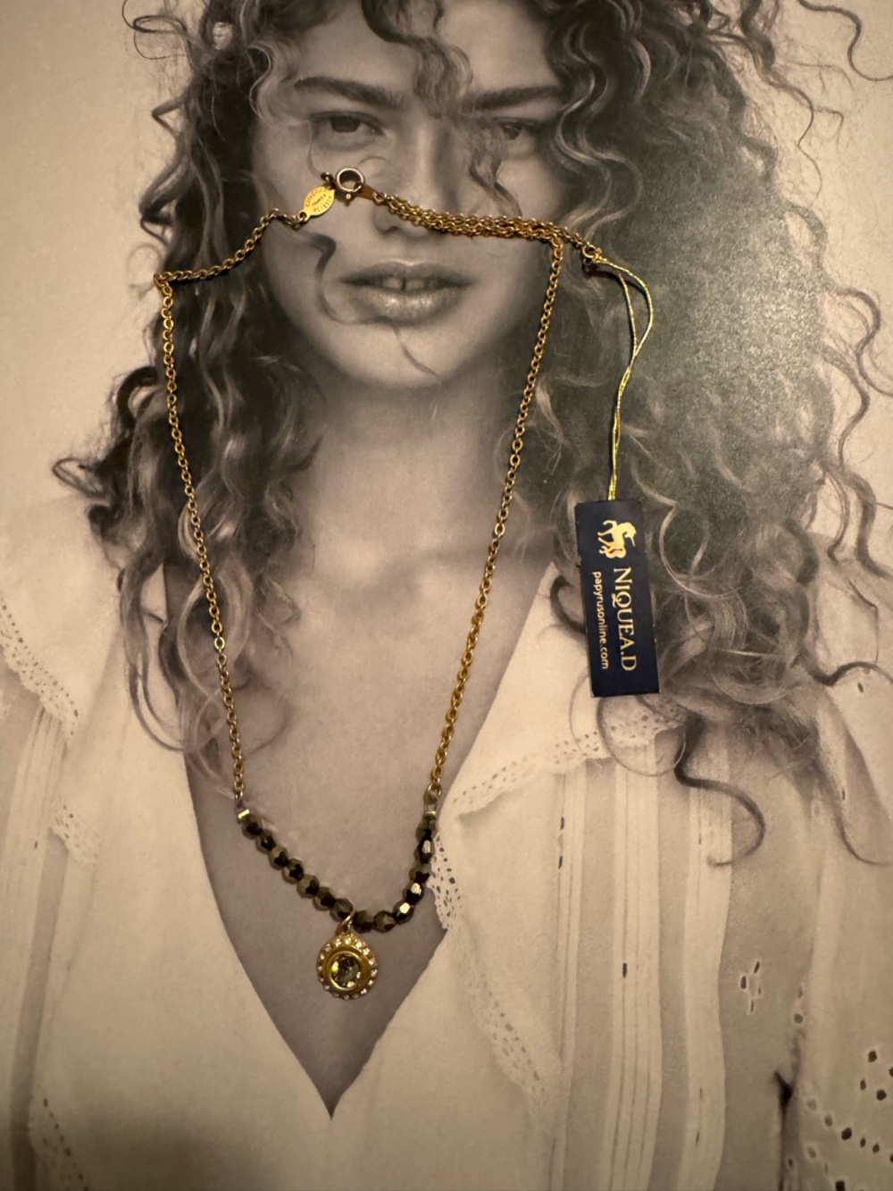 Unique Gold-Tone Necklace with Hematite Beads and Round Pendant - Picture 3 of 4